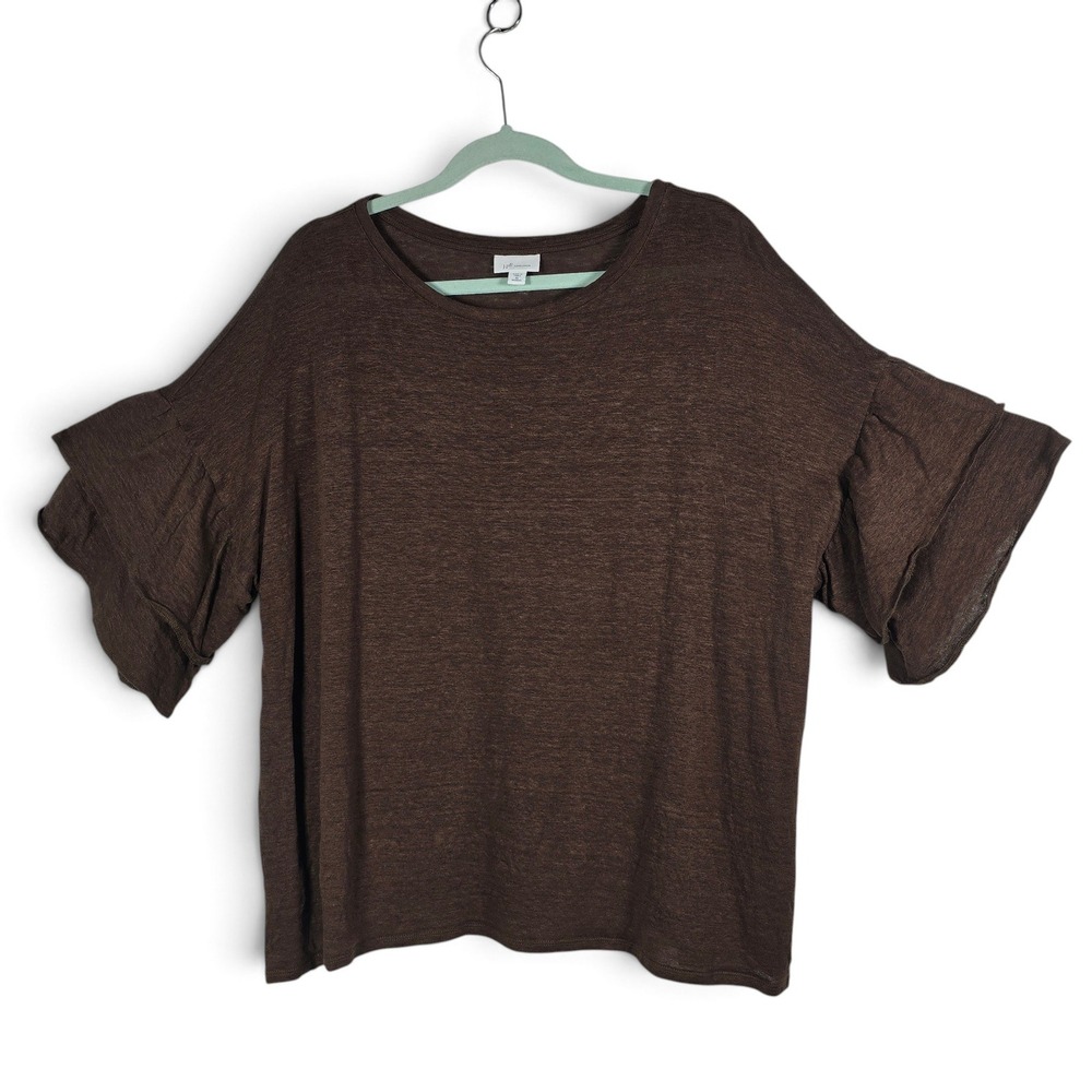 J. Jill Top Womens 3X Love Linen Brown Ruffle Sleeve Knit Boho Blouse Lagenlook